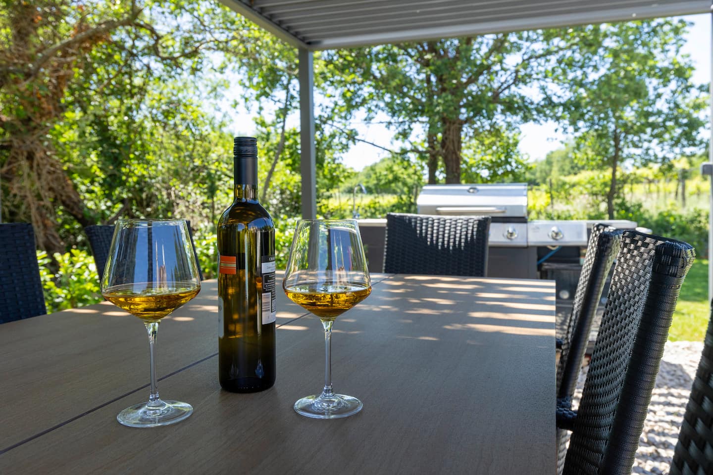 Boca domaćeg vina i dvije čaše na terasi kuće Carpe Diem